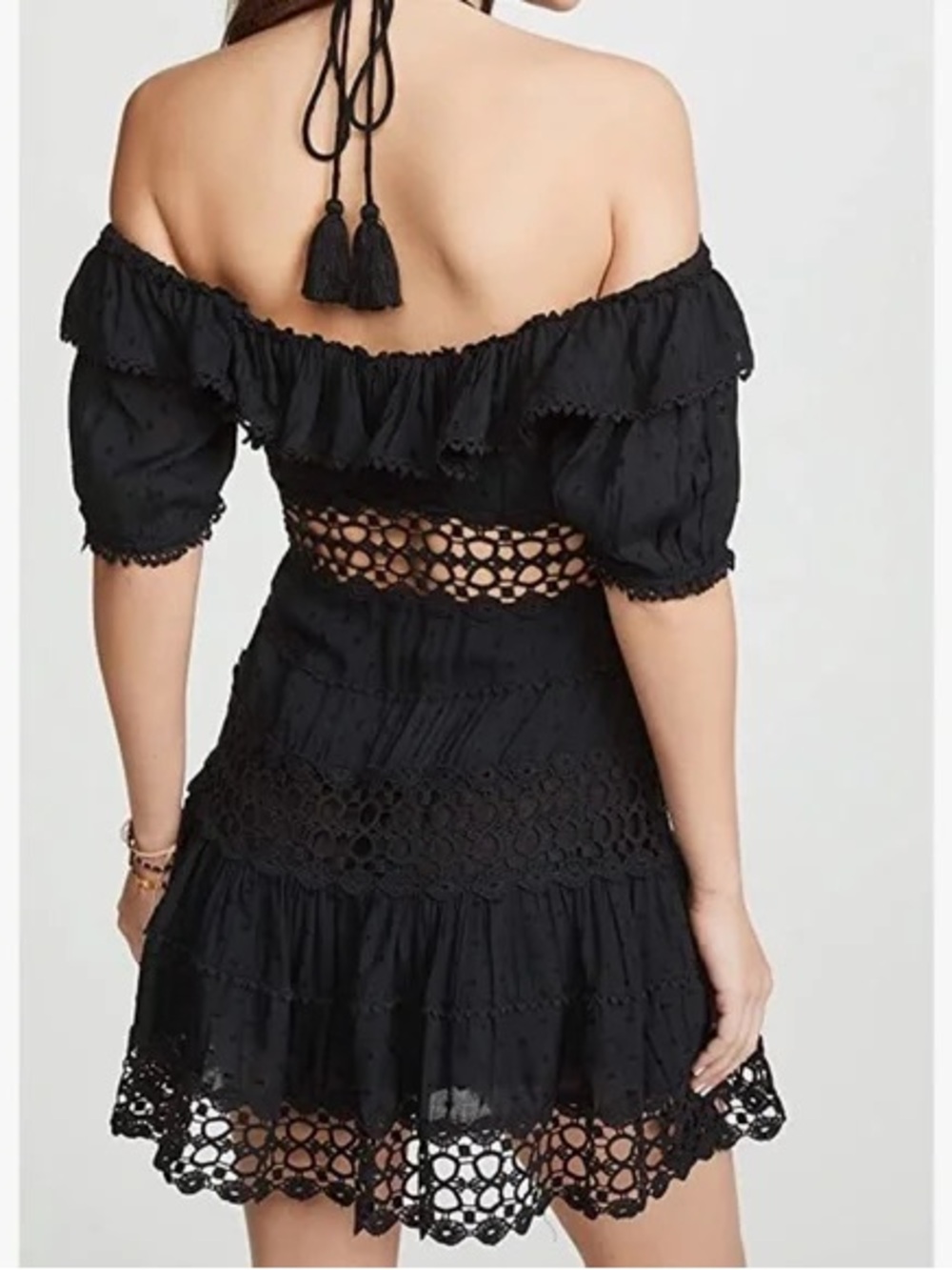 Free People Cruel Intentions Black Off-Shoulder Crochet Waist Mini Dress - Sz 6 - Picture 2 of 11
